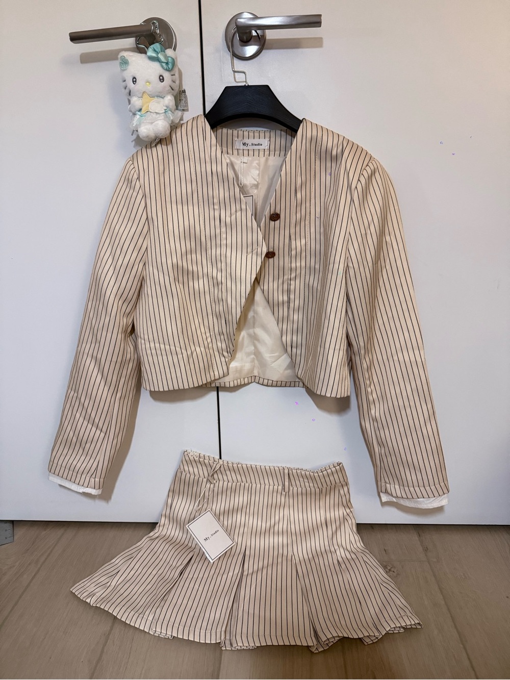 Striped Girls' Two-Piece Jacket & Skirt Set in Cream